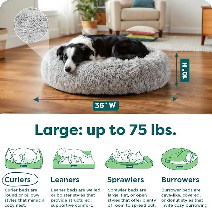 FurHaven 36" Calming Donut Dog Bed for Large Dogs, Round Plush Donut Design with Soft Filling for Snuggling Comfort, Removable Washable Cover, Large, Shaggy Faux Fur, Mist Gray