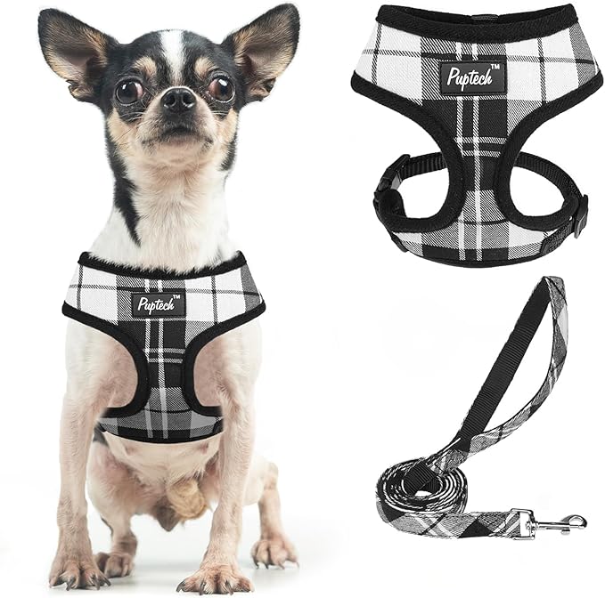 PUPTECK Soft Mesh Dog Harness and Leash Set Pet Puppy Cat Comfort Padded Vest No Pull Harnesses, Black&White, XS