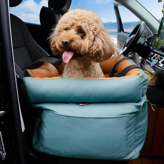 Dog Car Seat for Large Dogs, Large Leather Dog Car Bed with Storage Pocket, Waterproof PVC Leather Booster Seat Travel Bed for Front & Back Seat, Clip-On Safety Leash (Blue/Brown)