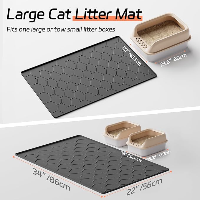 Large Silicone Cat Litter Mat, Waterproof/Urineproof, Litter Recycling, Easy to Clean, Soft on Kitty Paws (22"X34"- Black)