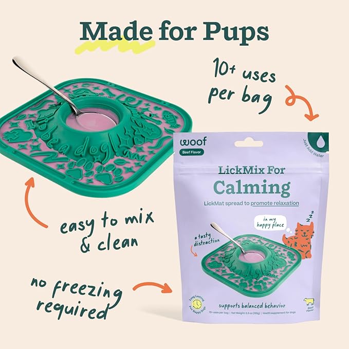 Woof Lick Mat and Calming LickMix Starter Pack Bundle - Dog Enrichment and Spread - Slow Feeder Mat with Non-Slip Design - Delicious, Lower Calorie Mix -Green