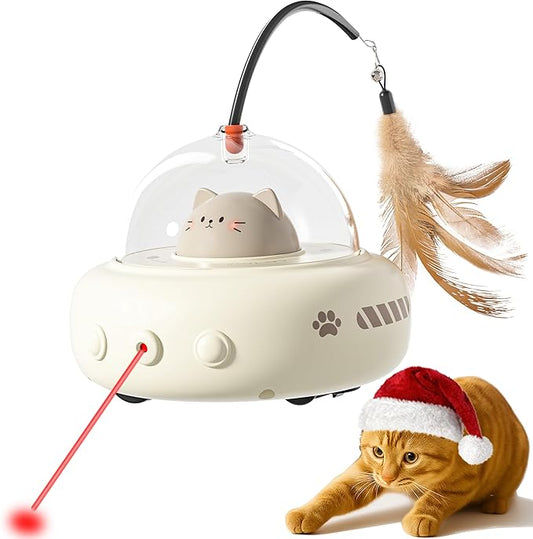 hooroor 2-in-1 UFO Laser Cat Toy with Feather, Automatic Motion Smart Sensor Interactive Toy for Indoor Cats & Small Dogs, Rechargeable 360° Obstacle-Avoidance Exercise Toy, Fun Self-Play Pet Gift