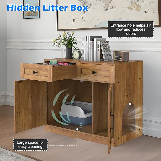 Cat Litter Box Enclosure Furniture Ultra-Large Wooden Hidden Litter Box,2-Door Storage Cabinet, 2 Drawers, 1 Air Vents,Litter Box Furniture Fit Most of Litter Box.