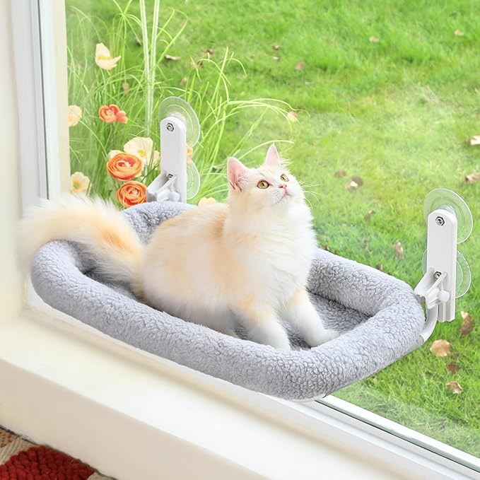 Zakkart Foldable Cat Hammock for Window - Cordless, Embeded Machine Washable Bed, Robust Metal Frame - Cat Window Perch for Large Cats and Kittens (Gray Bolster Bed, Medium)