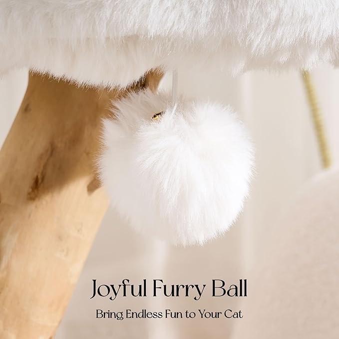 Solid Wood Cat Tree, Modern Cat Tree Tower for Large Indoor Cats, Natural Real Pear Wooden Aesthetic Cat Condo with Scratching Post for Adult Kittens-White