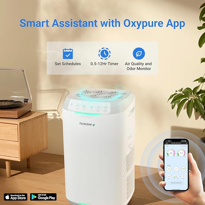 Nuwave Oxypure Zero Air Purifier with Washable Reusable Filters for Large Room | Smart Air Cleaners 99.9% Removal 0.1 Micron Particles | Dual Odor Sensor, Sleep Mode, 6 Fan Speed & Timer, App Control