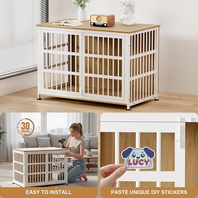 46" Dog Crate Furniture with Wheels, XXL Heavy Duty Dog Kennel Indoor for XL Dogs, Metal Chew-Proof Dog Cage, 45.9" L x 27.6" W x 32.4" H, Decorate House as TV Stand, End Table — Natural and White