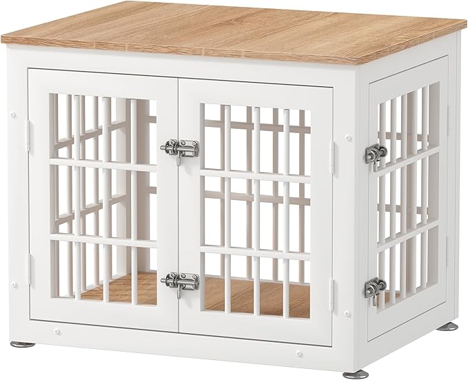 26 Inch Heavy Duty Dog Crate Furniture for Small Dogs, Decorative Pet House End Table, Wooden Cage Kennel Furniture Indoor, White and Natural