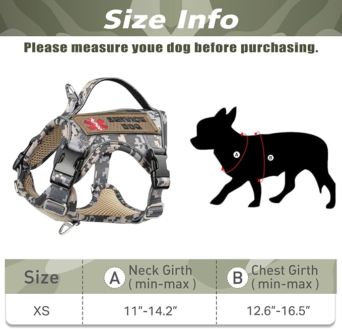 XS Dog Harness Tactical Style, No Pull Military Service Dog Vest with Vertical Handle, Outdoor Training Small Puppy Vest Chihuahua Harness (Camo Grey, XS)