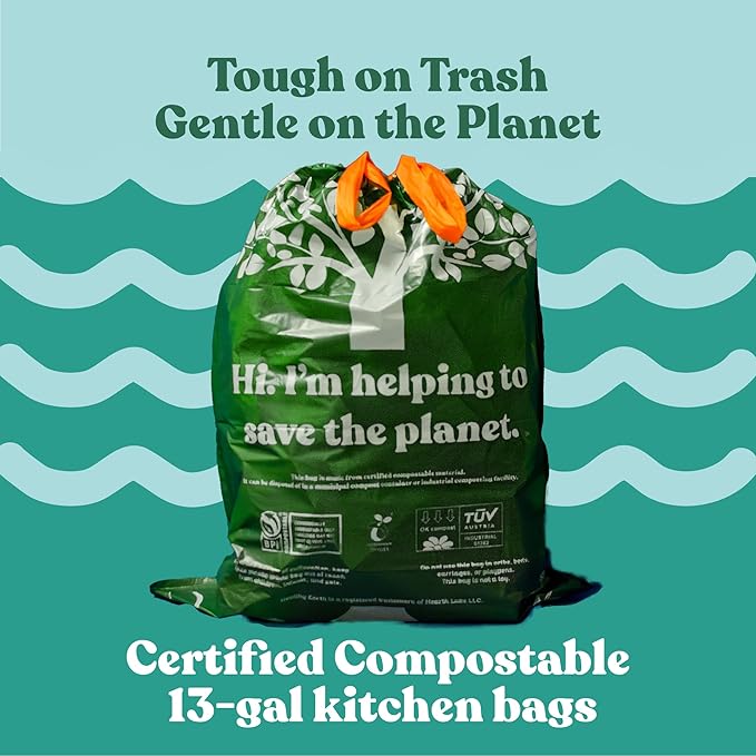 Healthy Earth 13 Gallon Compostable Drawstring Trash Bags, 1.13 Mil Extra Thick Tall Kitchen Liners (49.2 L), Heavy Duty Leak-Proof Food Scrap Bags, BPI & TÜV OK Compost Certified, 30 Count