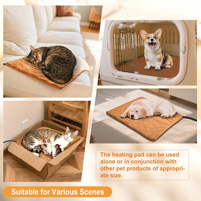 Cat Heating Pad, 6 Adjustable Temperature & 5 Timer Options, 17.7'' x 17.7'' Pet Heating Pad for Cats Dogs, Waterproof Indoor Outdoor Electric Heated Cat Bed Dog Mat with Chew-Resistant Cord (Brown)