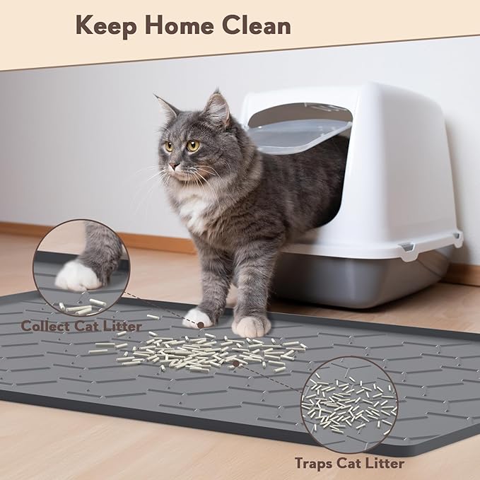 Cat Litter Box Mat, Large 34" X 22" Cat Litter Mat, Waterproof Silicone Pad for Floor, Dark Gray