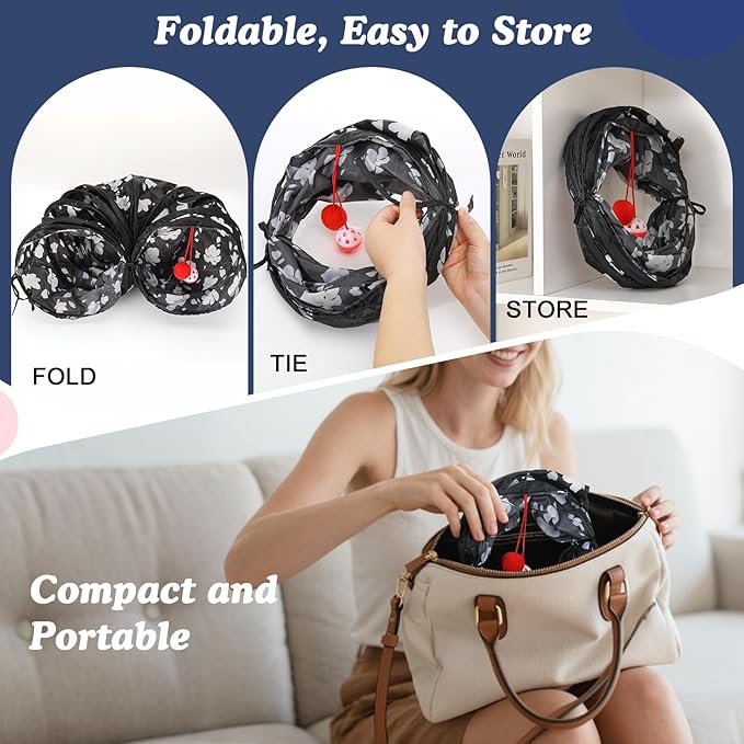 Pawaboo Cat Tunnel, S-Shaped Cat Tube Tunnel 25 * 97cm(9.8''*38.2'') with Balls and Bells, Collapsible Portable Kitten Play Tent Toy Interactive Cats House with Peep Holes for Kitty, Magnolia