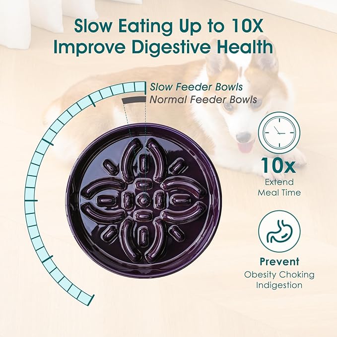 vancasso Ceramic Slow Feeder Dog Bowls, Puzzle Dog Food Bowls with Floral Maze, Anti -Slip Pet Food Dish for Large Breed, 3 Cups, Purple