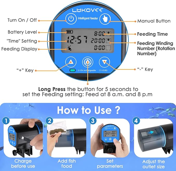 Lukovee Automatic Fish Feeder,New Generation Feeding Time Display USB Rechargeable Timer Moisture-Proof Aquarium or Fish Tank Food Dispenser with 200ML Large Capacity for Vacation Weekend Holiday,Blue