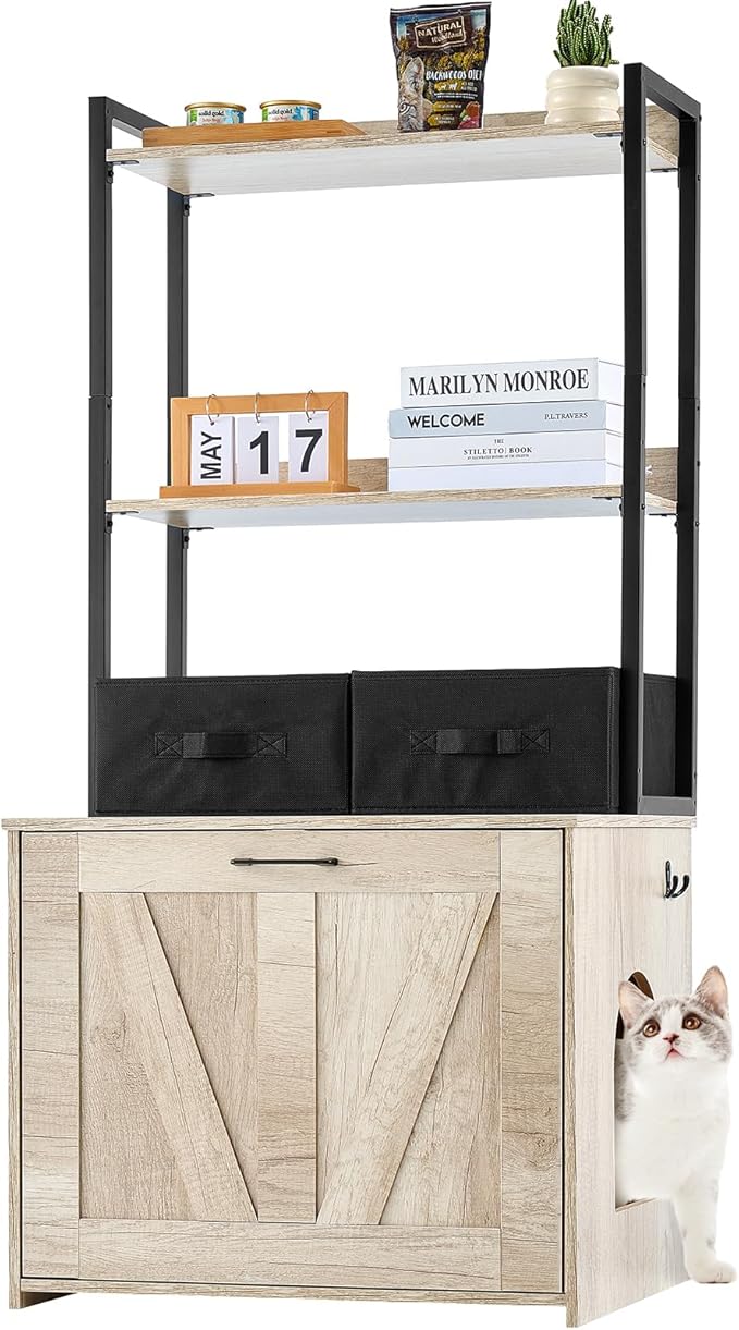 VEVOR Cat Litter Box Enclosure, Hidden Litter Box Furniture with 2 Storage Shelves & 2 Baskets, Wooden Cat Washroom Indoor, Cat House Cabinet Fit Most of Litter Box, 23.6"L x 19.7"W x 50"H, Natural