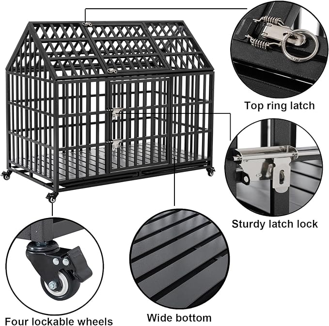 52 Inch Heavy Duty Dog Crate, ACIDBOLT Indestructible Escape Proof XL Metal Dog Kennel Cage for Large Medium Small Dogs, Indoor High Anxiety Pet Crate with 2 Door, 4 Lockable Wheels and Removable Tray