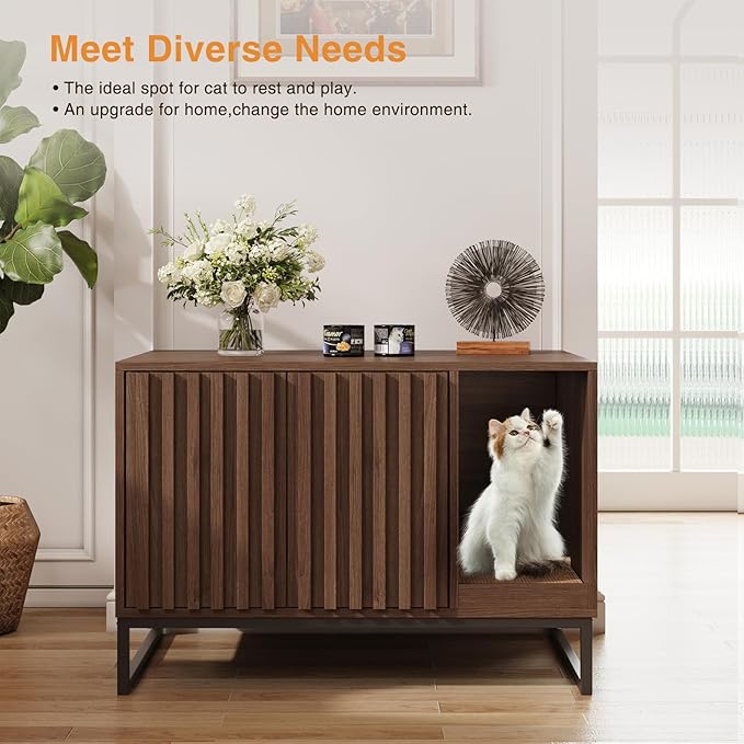 Cat Litter Box Enclosure, Modern Hidden Litter Box Furniture with Scratch Pad, Indoor Cat Washroom House End Table, Entryway Bench for Livingroom (Walnut)