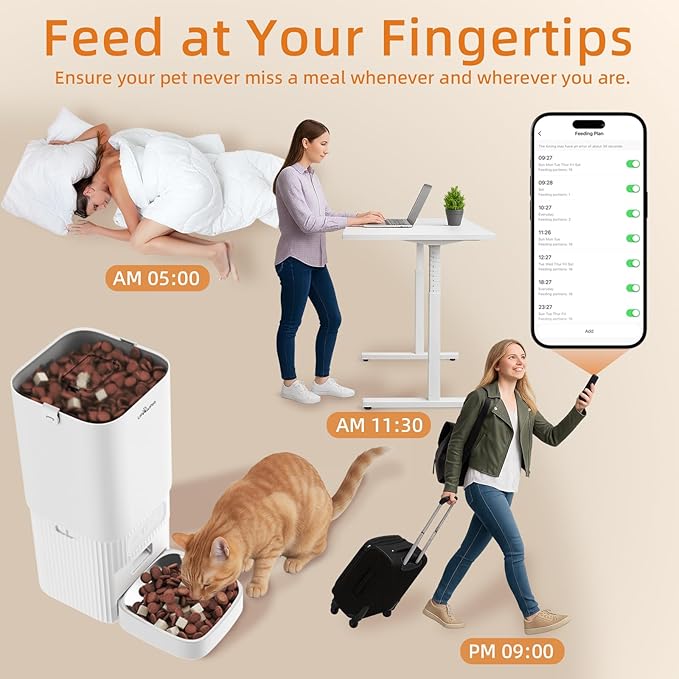 Automatic Cat Feeder 7L/29Cup Automatic Dog Feeder 5G/2.4G WiFi Programmable Cat Food Dispenser APP Remote Feed 15 Meal 50 Portion Dog Food Dispenser 10s Voice Record with Desiccant Bag