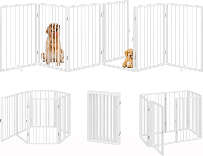 Vantas Folding No-Assembly Metal Pet Gate 120" Wide, 32" Extra Tall Dog Gate with Door Walk Through, Freestanding Accordion Puppy Gate Dog Door for Indoor & Outdoor, with 2PCS Support - White