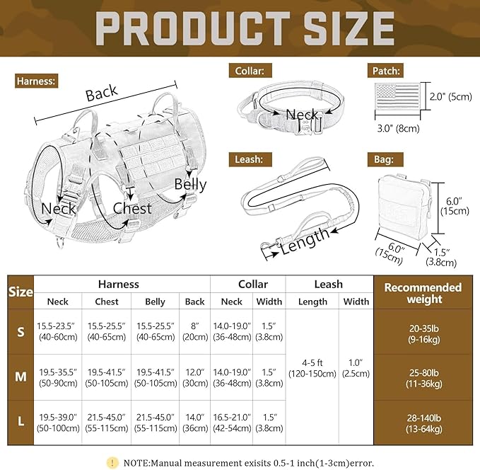 Forestpaw Tactical Dog Harness for Large Dogs,Tactical Dog Collar with Bungee Leash Set,No Pull Military Dog Harness for Walking Training,Adjustable for Medium Large Dogs,Black,Chest 21.5-45"