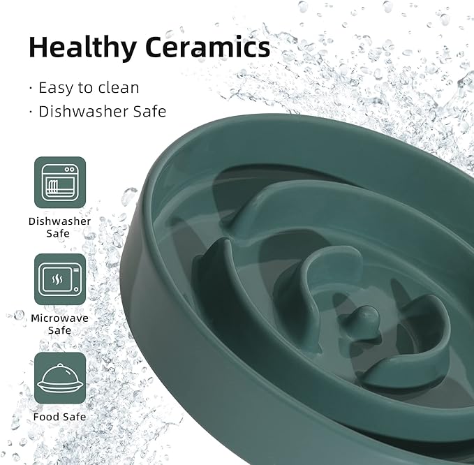 Ceramic 1.6 Cup Slow Feeder Dog Bowl for Medium and Large Breed, 8.2inch Puzzle Dog Food Dish, Anti-Gulping, Stop Bloat, Preventing Choking (Single Bowl-Dark Green)