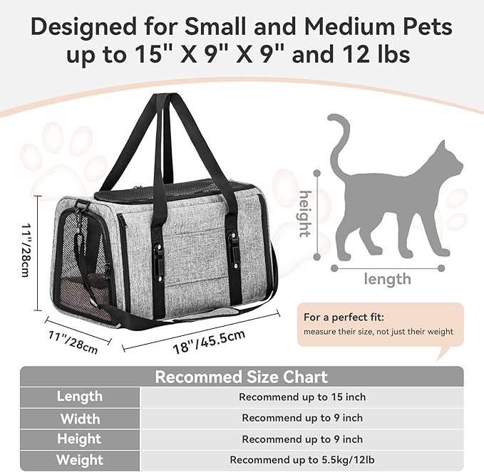 PETSFIT Cat Car Carrier for Small/Medium Cats Dogs, 18"x11"x11" Airline Approved Cat Carrier, with Patent Safety Buckles and Escape-Proof Zipper - Safeguarding Car Travel, Airplane, Vet, Outdoor