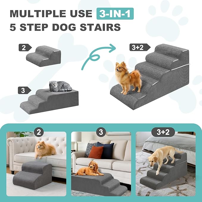 5-Step Dog Stairs for High Bed - 21.3" Adjustable Dog Ramps for Couch, Non-Slip Sturdy Pet Steps for Small Dogs, Washable Cover, Removable Modular Design, Dual 11” & 12.83” Steps for Custom Height