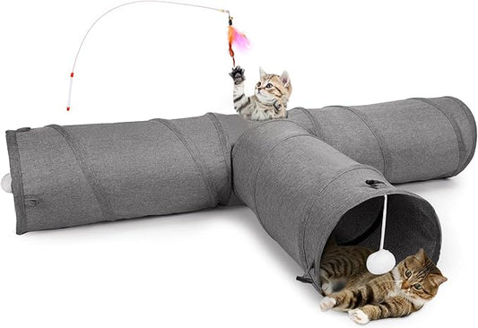 Ownpets Cat Tunnel, 3 Way Collapsible Kitty Tunnel 47 inch Long Cat Tube with Plush Ball & Feather Toy, Cat Play Tunnel for Indoor Cat, Kitten, Rabbit