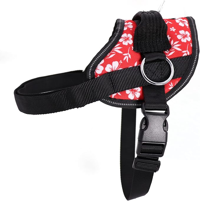 Bark Appeal Red Hibiscus No-Pull Dog Harness for Large to Extra Large Sized Pets – Adjustable, Reflective Vest with 3 Leash Clips for Added Control, Easy Walks & Training – XL