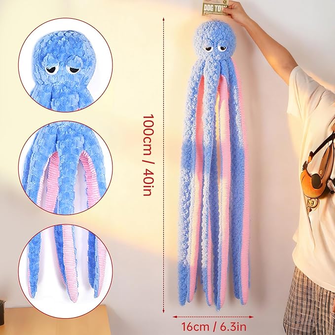 40 Inches Octopus Interactive Squeaky Dog Chew Toys, Dog Toys for Aggressive Chewers, Dog Supplies Birthday Gifts for Large Dogs(Blue), Large