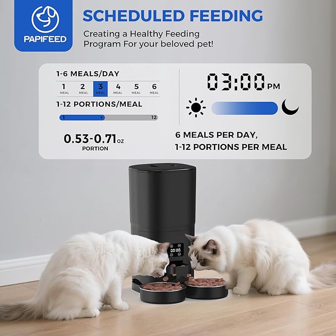PAPIFEED Automatic Cat Feeder for 2 Cats, 7L Large Capacity Food Dispenser for Multiple Pets, Timed Cat Feeder for Dry Food, Detachable for Easy Cleaning, Up to 12 Portions 6 Meals Per Day - Black