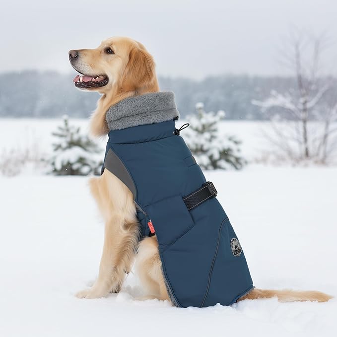 KYEESE Waterproof Dog Coat, Windproof Pet Jacket with Thick Fleece Lining, Extra Warm High Collar Dog Coats for Medium to Large Dogs with Leash Hole and Reflective Strips, Navy Blue, XX-Large