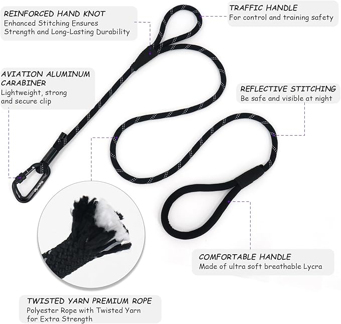 Twin Tails Leash Set - 5ft Double Handle Dog Leash and 4.5ft Lightweight Premium Rope Dog Leashes, Kid-Friendly Family Set, Reflective Pet Leashes for Small Medium and Large Dogs