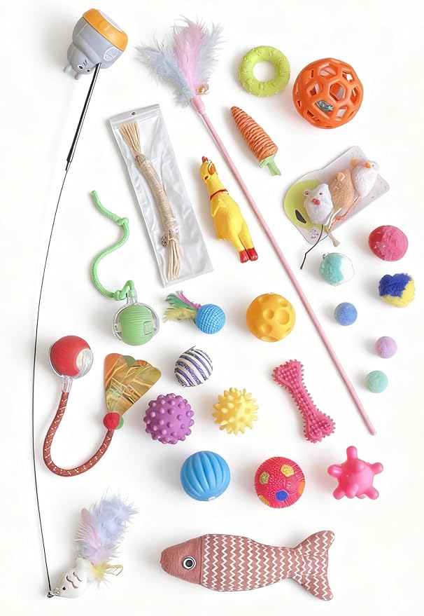 26 Pcs Interactive Cat Toys for Indoor Cats - Smart Automatic Rolling Ball, Feather Wand, Squeaky Chicken & Kitten Toys