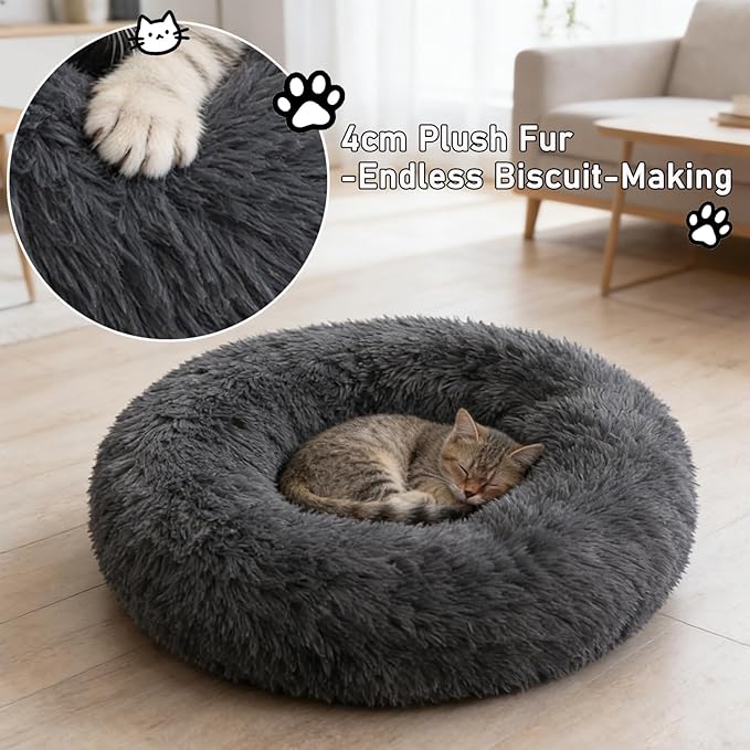 Calming Donut Dog Beds for Small Dogs Cats - Washable Removable Cover Non-Slip Bottom, Round Pet Bed Puppy Bed Warming Fluffy Faux Fur Anti-Anxiety, Fits up to 25 lbs (Dark Grey, 23")