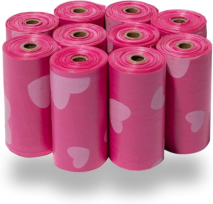 Best Pet Supplies Dog Poop Bags (150 Bags) for Waste Refuse Cleanup, Doggy Roll Replacements for Outdoor Puppy Walking and Travel, Leak Proof and Tear Resistant, Thick Plastic - Pink Heart