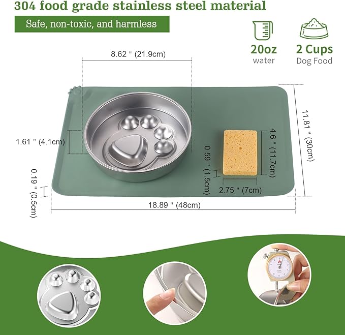 Stainless Steel Slow Feeder Dog Bowls – Non-Slip Metal Dog Bowl for Large & Medium Breeds, Puppy Puzzle Feeder – 2 Cup Capacity for Small to Big Pets – Durable Slow Feed Dog & Cat Food Dish with Mat