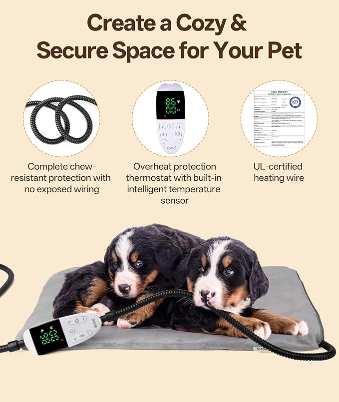 Ringco Pet Heating Pad for Cats & Small Dogs with 12 Adjustable Temperature, Waterproof & Chew Resistant Cat Dog Heating Pad with Timer, Heated Cat Bed with Fleecy Cover (S: 20” x 16”)