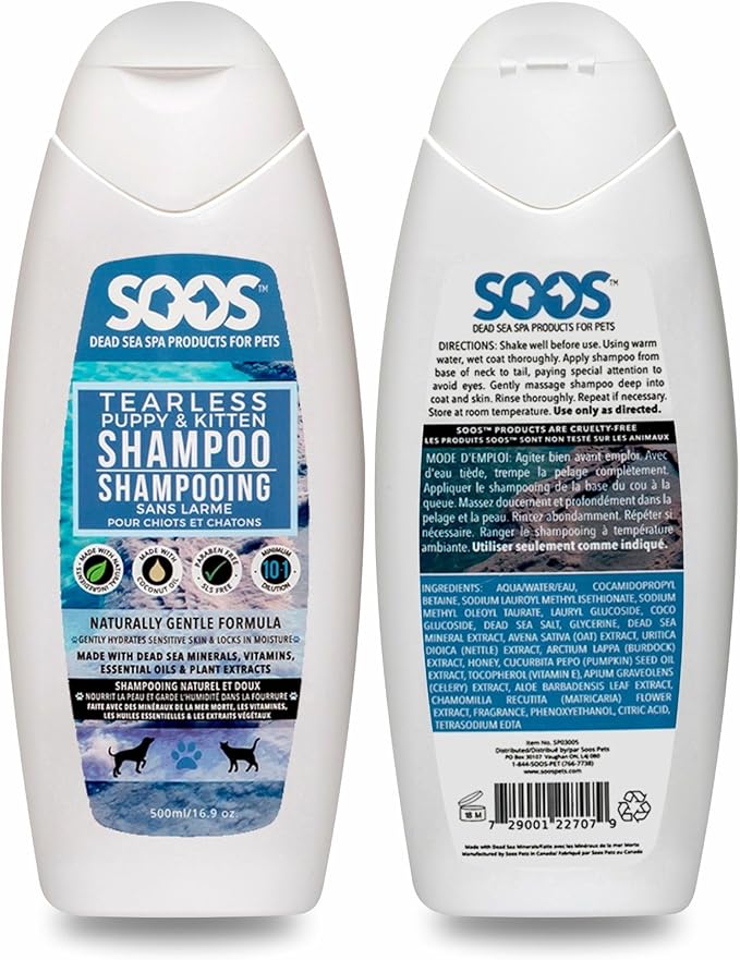 Soos Pet Tear-Less Shampoo for Puppies and Kittens | Natural Dead Sea Minerals | Fast Absorbing, Moisturizing, Gentle Skin Care | Vitamins & Essential Oils for Sensitive Skin - 500ml