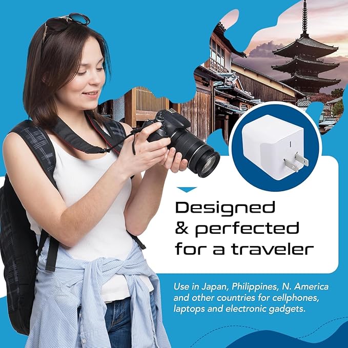 Ceptics Japan, Philippines Travel Adapter Plug with Dual USB - Usa Input - Type A - Ultra Compact (CTU-6) - Perfect for Cell Phones, Laptops, Camera Chargers