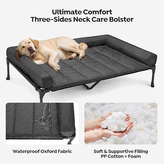 Veehoo Cooling Elevated Dog Bed Add Removable Waterproof Bolster Cushion Mat, Raised Pet Cot with Breathable Teslin Mesh, No-Slip Feet, Dog Couch Bed for Indoor Outdoor, 53 inches, Black