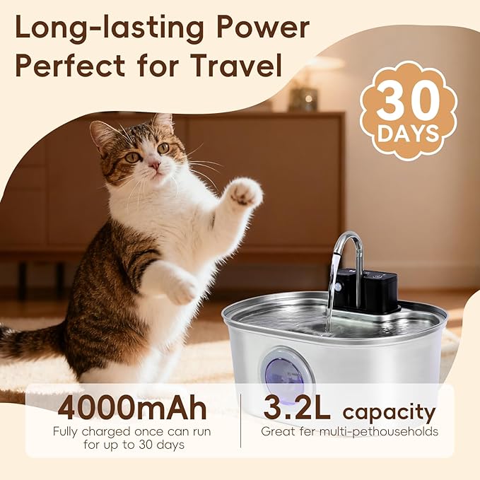 Cat Water Fountain Stainless Steel Wireless,4000mAh 30-Day Battery & Motion Sensor,108oz/3.2L Large Capacity,3-Stage Filtration, Ultra Quiet