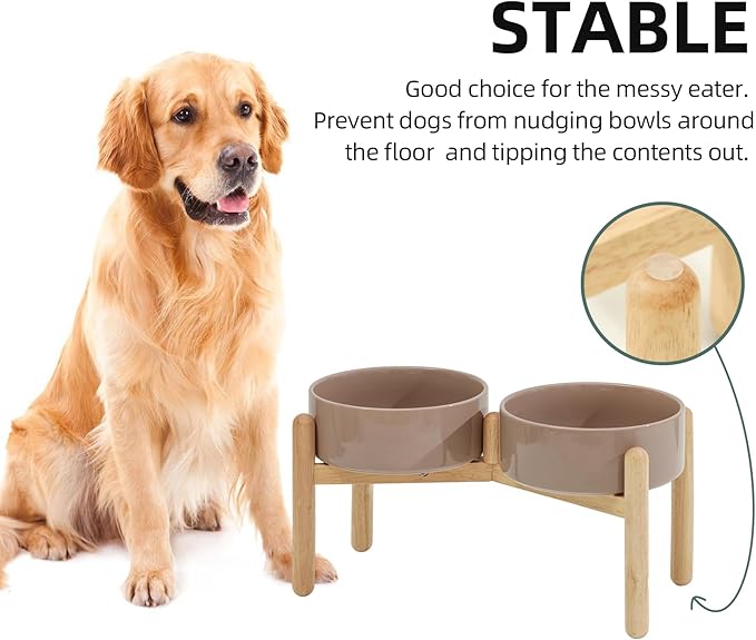 Ceramic 8.2inch Raised Dog Bowl with Stand for Large- Breed Dogs, Pet Food and Water Feeder (Double Bowl with Stand - Brown Coffee)