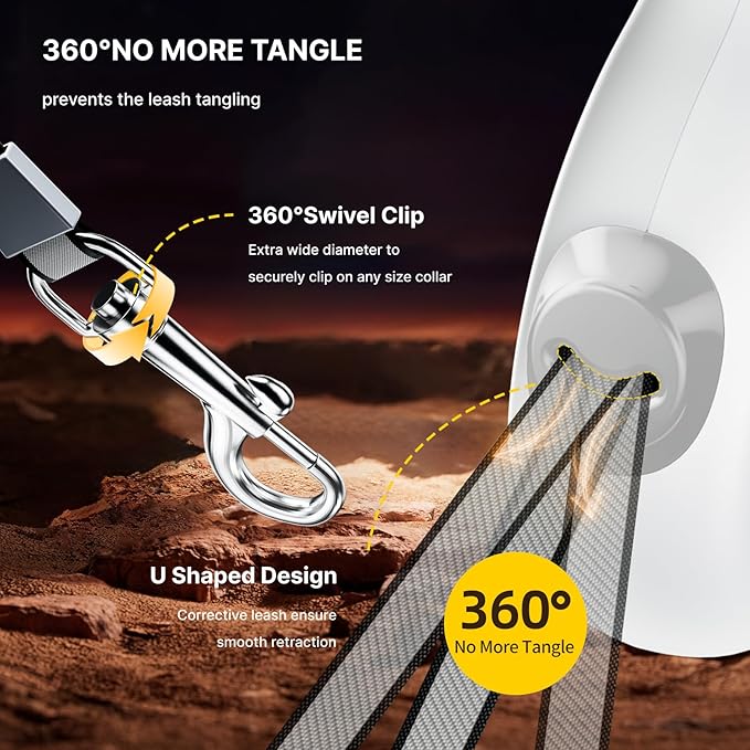 AutoBrake Retractable Dog Leash for Medium and Large Dogs, 360° Tangle-Free Dog Leash and 16Ft Strong Nylon Tape, Ergonomically Comfortable and Lightweight Grip Handle (White)