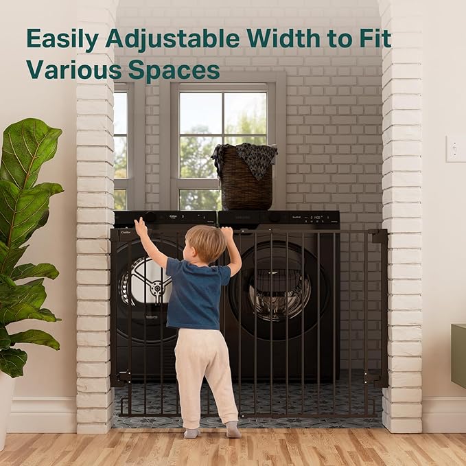 Cumbor 34" Extra Tall No Bottom Bar Baby Gate for Stairs, Wall Mounted Dog Gate Indoor for Larger Pets, Expandable 31.6-48" Safety Gate for Doorways, Wide Walk Thru Door for Easy Access (Black)