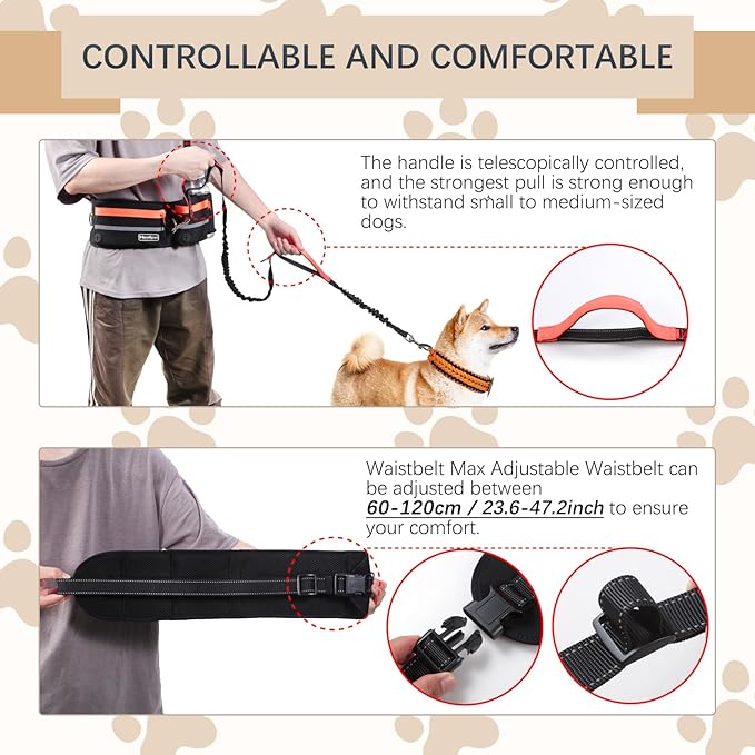 Hands-Free Waist Leash with Pouch for Two Dogs: Reflective Stitching, Dual Handle & Bungee Retractable Design – Ideal for Medium to Large Dogs (Orange) – Dog Walking Accessories