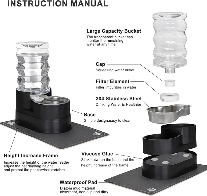 RIZZARI Automatic Cat Water Dispenser: Black 7L Elevated - Stainless Steel Gravity Feeder with Specialized Brush and Triple Filtration - Splash Guard Mat - Use in Bedroom and Livingroom