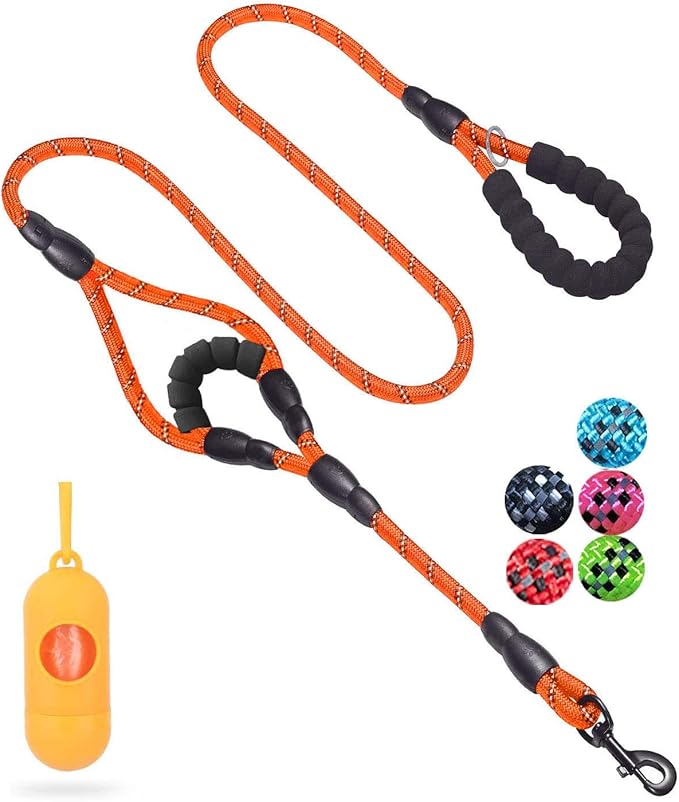 JSXD Heavy Duty Double Handle Dog Leash - 5 FT with Comfortable Padded & Reflective Rope for Small, Medium, Large Dogs (Rope-Orange)