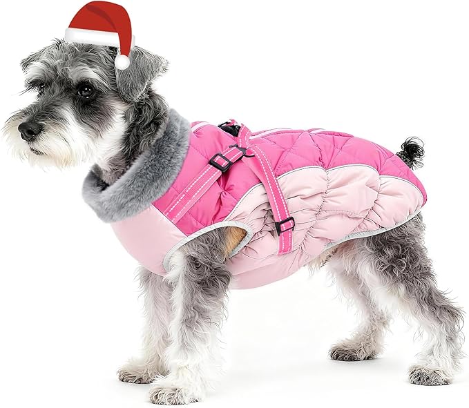 Dog Winter Coat with Harness, Dog Jacket, Pet Clothes with Zipper on Back, Waterproof Windproof Warm Vest, Reflective Cold Weather Coats, for Small Medium Large Dogs, Thick, Pink, L